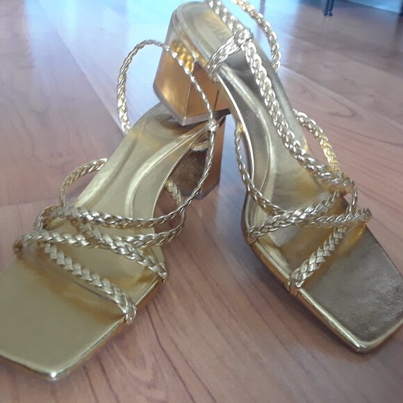 Zara Gold Square Toe Strappy Sandals - Picture 4 of 9